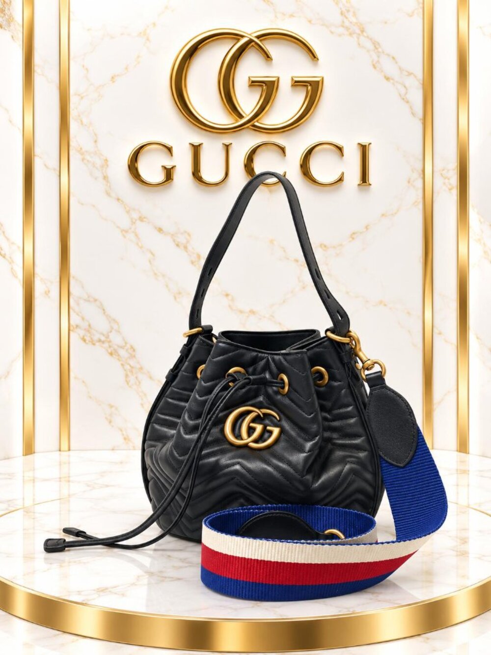Authentic Gucci GG Marmont Matelassé Black Leather Bucket Bag